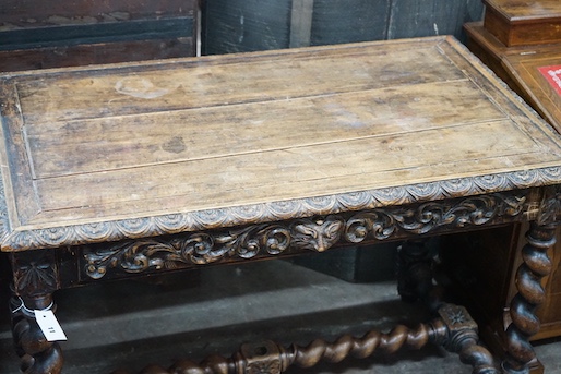 A 19th century Flemish rectangular carved oak side table, width 110cm, depth 65cm, height 74cm